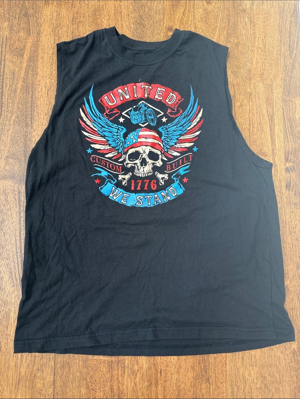 Men’s Black Sleeveless Patriotic Skull Motorcycle Design Size L